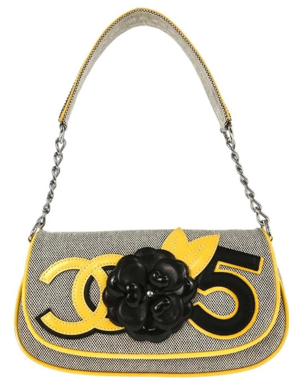 Chanel Black Yellow Canvas Camellia No.5 CC Handbag 188868